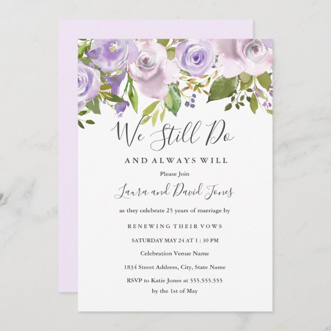 Lilac Purple Watercolor Floral Wedding Vow Renewal Invitation (Front/Back)