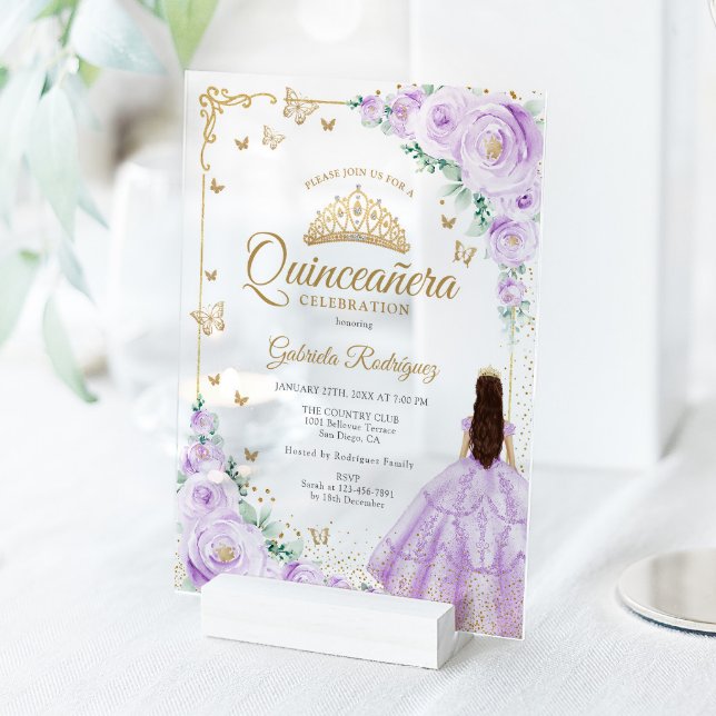 Lilac Purple Watercolor Roses Gold Quinceanera Acrylic Invitations (Creator Uploaded)