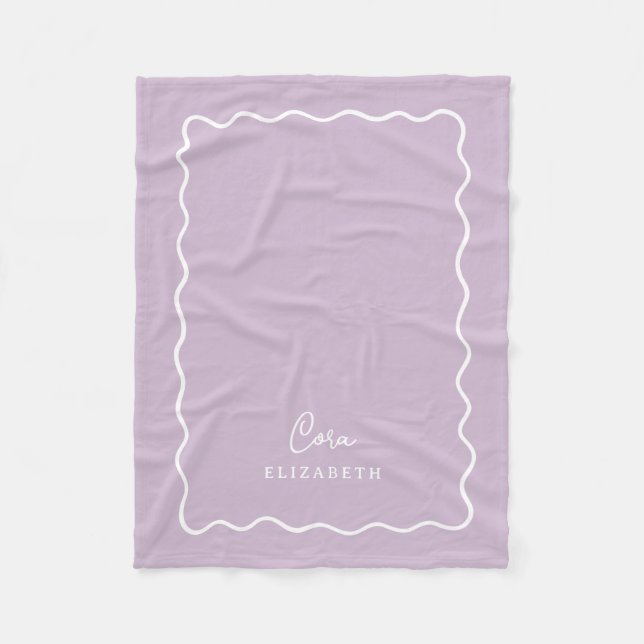 Lilac Purple Wavy Border Monogrammed Fleece Blanket (Front)