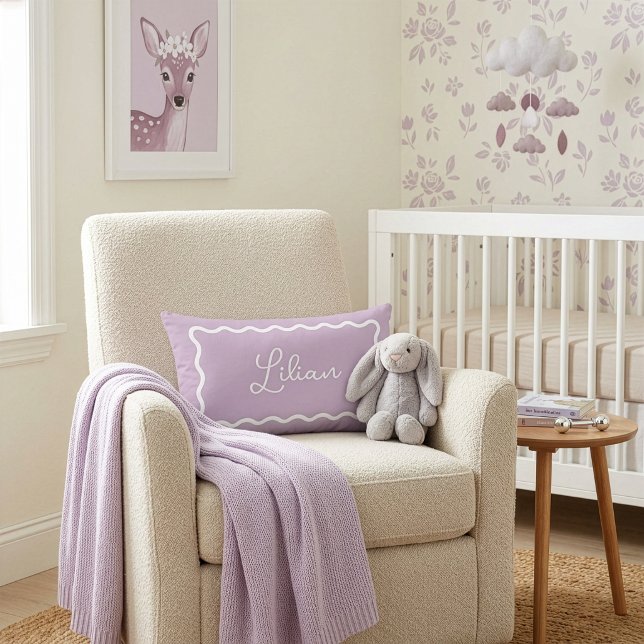 Lilac Purple Wavy Scallop Frame Monogram Lumbar Pillow (Creator Uploaded)