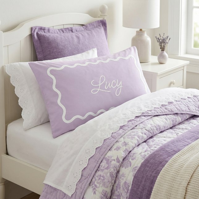 Lilac Purple Wavy Scallop Frame Monogram Pillow Case (Creator Uploaded)