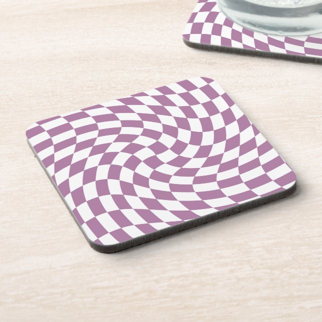 Lilac Purple Wedding Collection Check Checkered Beverage Coaster (Left Side)