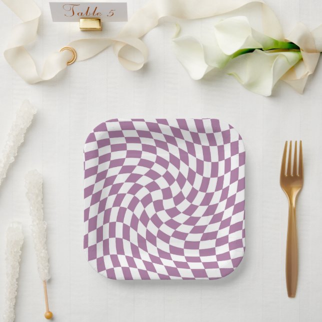 Lilac Purple Wedding Collection Check Checkered  Paper Plates (Wedding)