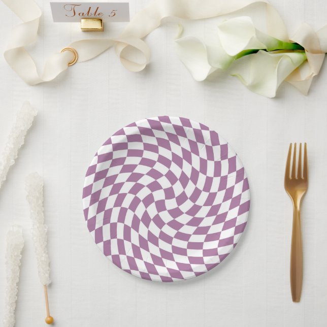 Lilac Purple Wedding Collection Check Checkered Paper Plates (Wedding)