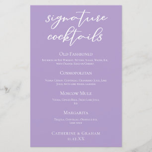 Lilac Purple Wedding Signature Cocktails Menu