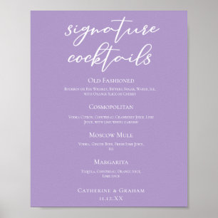 Lilac Purple Wedding Signature Cocktails Menu Poster