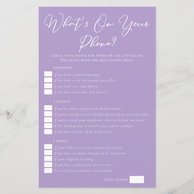 Lilac Purple What's On Your Phone Bridal Shower (Front)