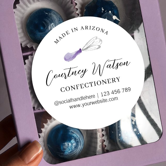 Lilac Purple Whisk Script Baked With Love Catering Classic Round Sticker (Purple whisk bakery labels for your boxes, pouches or jars)