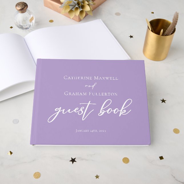 Lilac Purple White Typography Personalized Wedding Guest Book (Front Open)