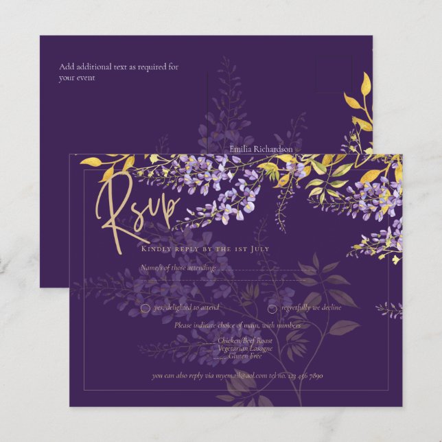 Lilac Purple Wisteria Gold Wedding Invite RSVP  (Front/Back)