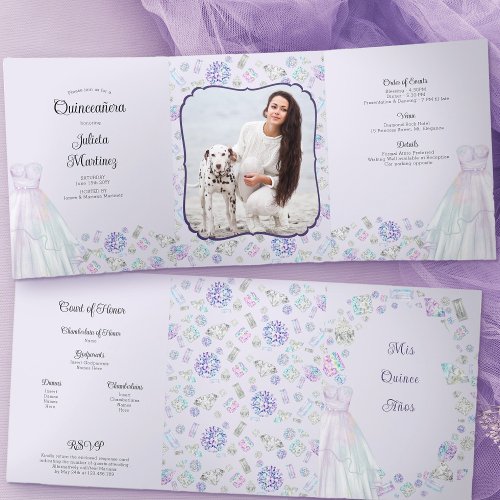 Lilac Quinceanera Diamonds Princess Dress Photo Tri_Fold Invitation