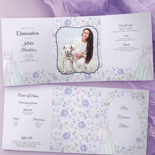 Lilac Quinceanera Diamonds Princess Dress Photo Tri-Fold Invitation (Light Purple Quince Anos Invitation with Photo and tri-fold layout for all your deets)