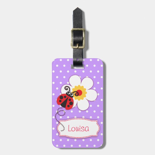 Lilac red ladybug & polka dots named luggage tag (Front Vertical)