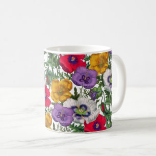 Lilac Red White Yellow Poppies & Green Leaves Coffee Mug