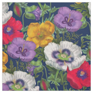 Lilac Red White Yellow Poppies & Green Leaves Fabric