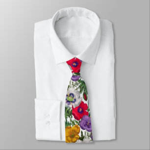 Lilac Red White Yellow Poppies & Green Leaves Neck Tie