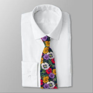 Lilac Red White Yellow Poppies & Green Leaves   Neck Tie