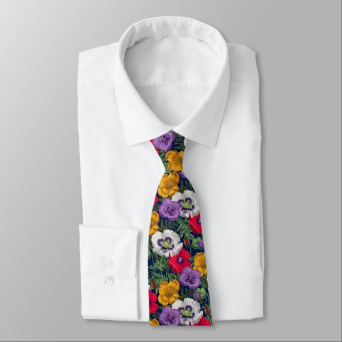 Lilac Red White Yellow Poppies  Green Leaves   Neck Tie