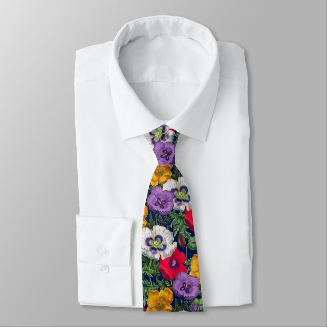 Lilac Red White Yellow Poppies & Green Leaves Neck Tie (Tied)