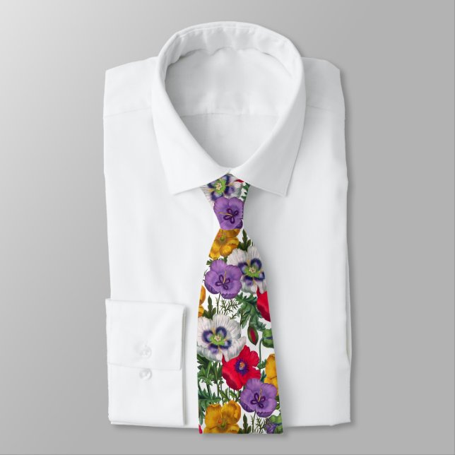 Lilac Red White Yellow Poppies & Green Leaves Neck Tie (Tied)