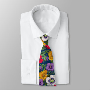 Lilac Red White Yellow Poppies & Green Leaves Neck Tie