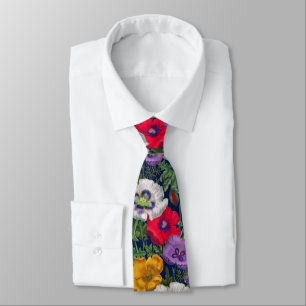 Lilac Red White Yellow Poppies & Green Leaves  Neck Tie