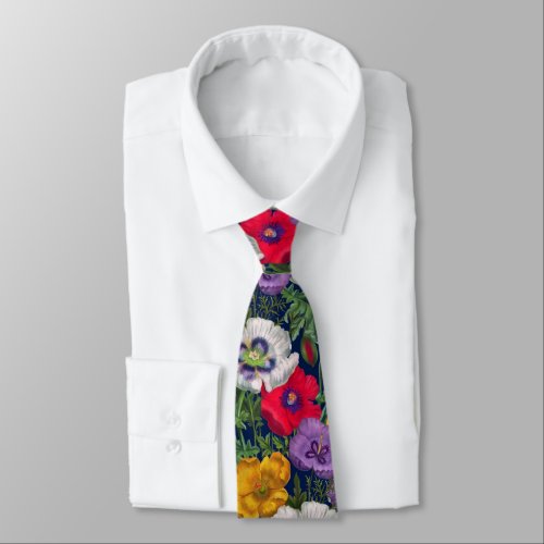 Lilac Red White Yellow Poppies  Green Leaves  Neck Tie