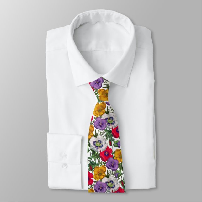 Lilac Red White Yellow Poppies & Green Leaves  Neck Tie (Tied)