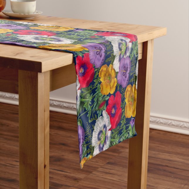 Lilac Red White Yellow Poppies & Green Leaves   Short Table Runner (In Situ)