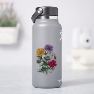 Lilac Red White Yellow Poppies & Green Leaves Sticker