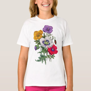 Lilac Red White Yellow Poppies & Green Leaves T-Shirt
