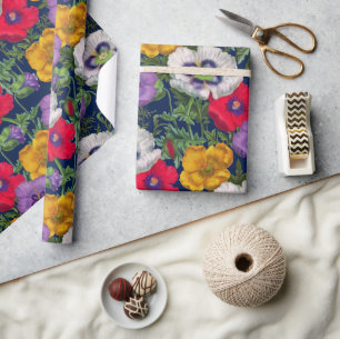 Lilac Red White Yellow Poppies & Green Leaves Wrapping Paper
