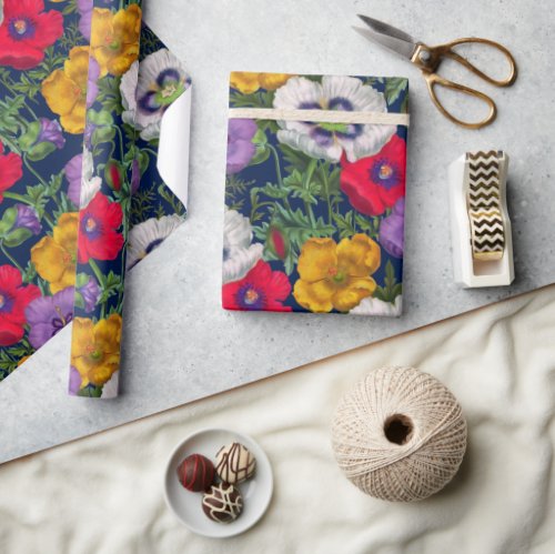 Lilac Red White Yellow Poppies  Green Leaves  Wrapping Paper
