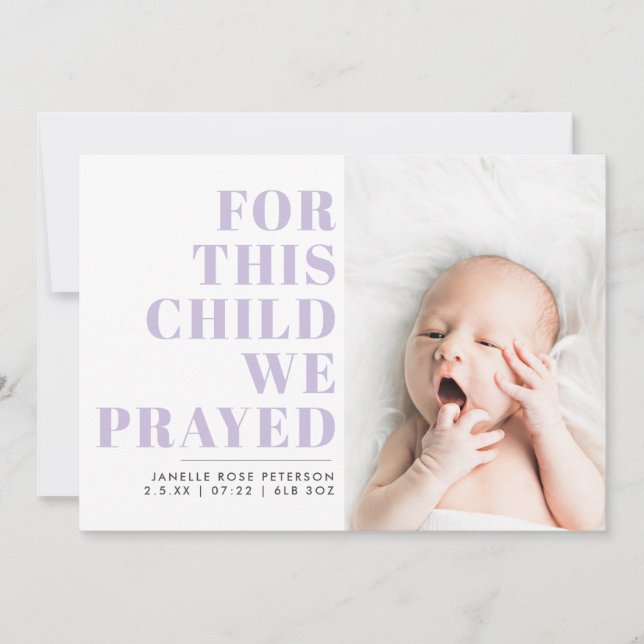 Lilac Religious Photo Birth Announcement (Front)
