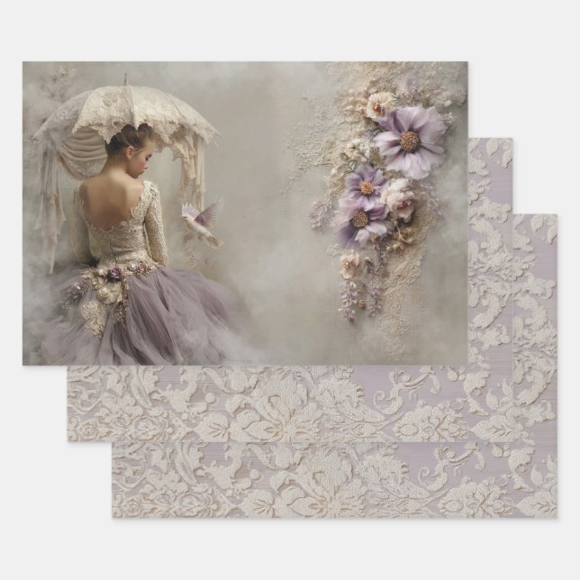 Lilac Reverie Ballerina & Raised Damask Background Wrapping Paper Sheets (Set)