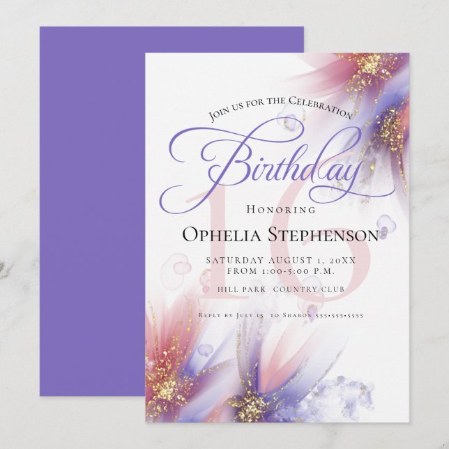 Lilac Rose Abstract Floral Birthday Invitation (Front/Back)