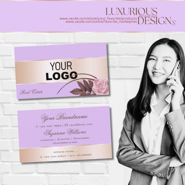Lilac Rose Gold Decor and Cute Flower with Logo Business Card (Creator Uploaded)