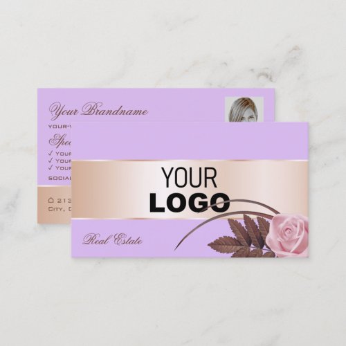 Lilac Rose Gold Decor Cute Flower with Logo Photo Business Card