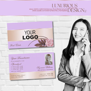 Lilac Rose Gold Decor Cute Flower with Logo Photo Business Card