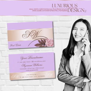 Lilac Rose Gold Decor Cute Flower with Monogram Business Card
