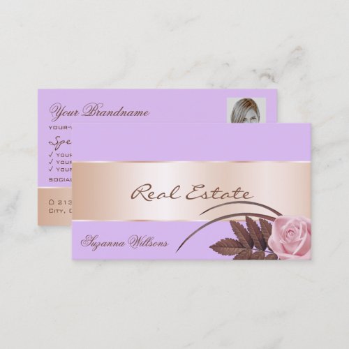 Lilac Rose Gold Decor Gorgeous Flower with Photo Business Card