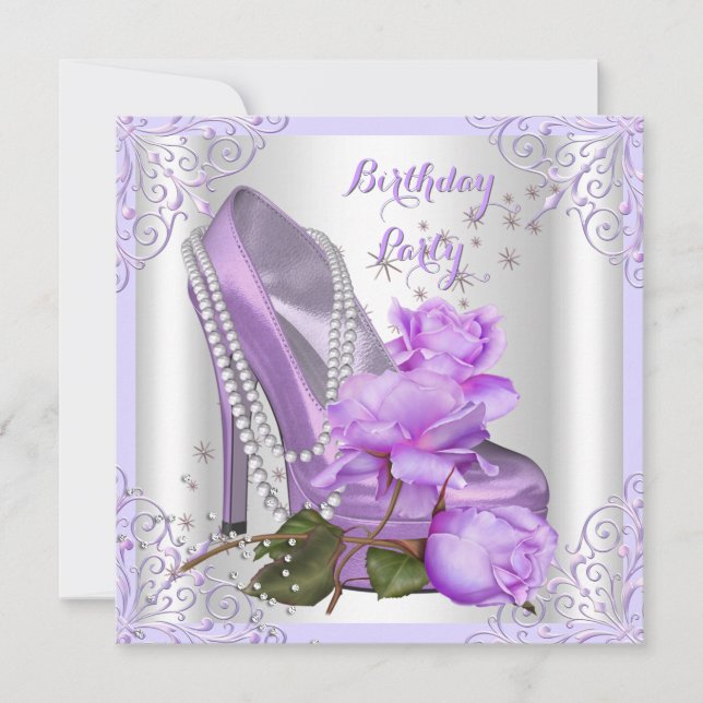 Lilac Rose Hi Heel Lace Pearls Birthday Party Invitation (Front)