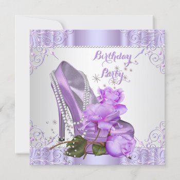 Lilac Rose High Heel Lace Pearls Birthday Party 2 Invitation by Zizzago at Zazzle