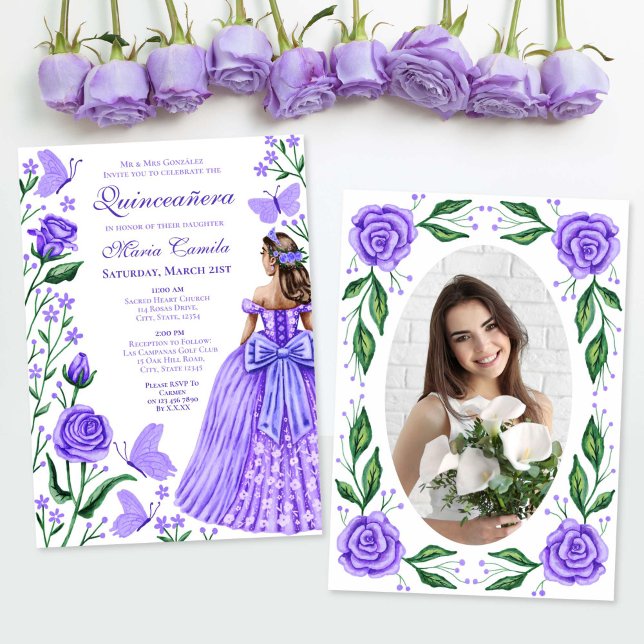 Lilac Roses Butterflies Princess Photo Quinceanera Invitation (Lilac Roses Butterflies Princess Photo Quinceanera Invitation)