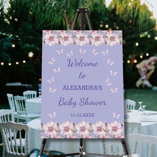 Lilac Roses Butterfly Baby Shower Welcome Sign (Creator Uploaded)