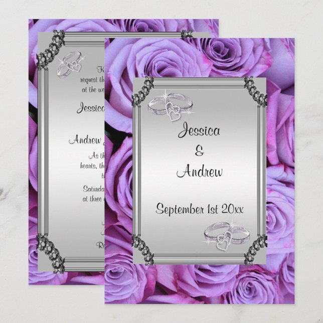 Lilac Roses & Diamond Wedding Rings Invitation (Front/Back)