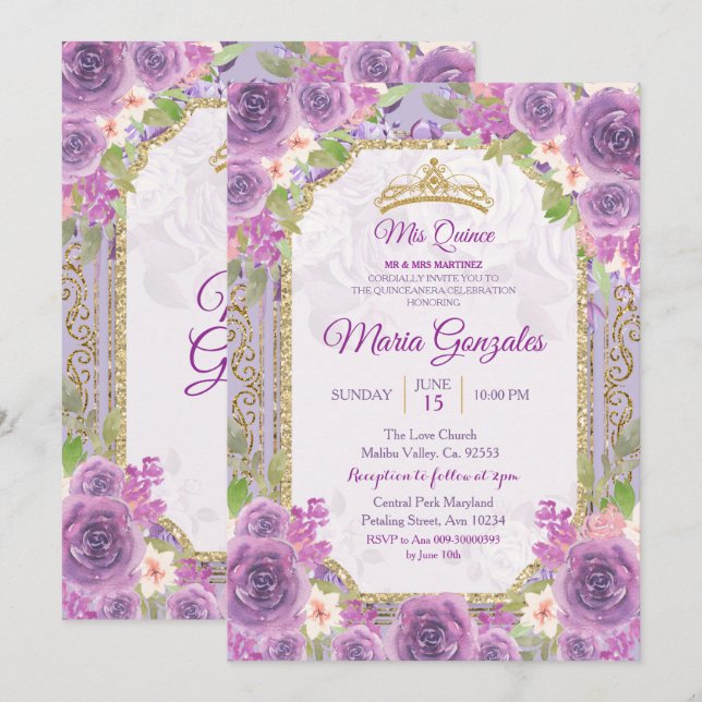 Lilac Roses Mexican 15th Birthday Invitation 1 (Front/Back)