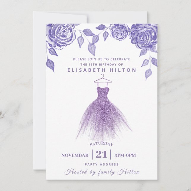 Lilac roses modern Glitter dress sweet sixteen  Invitation (Front)