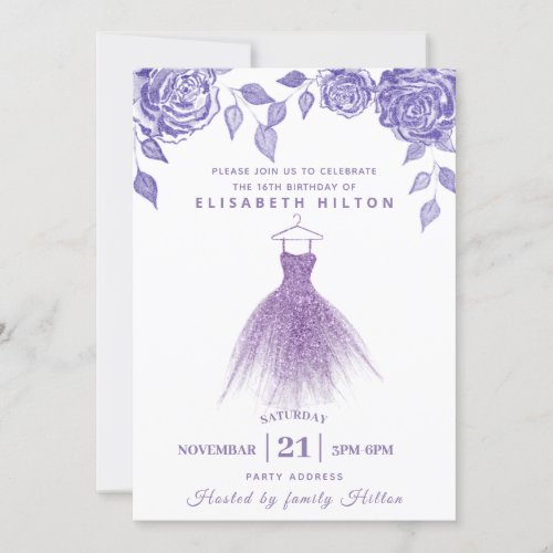 Lilac roses modern Glitter dress sweet sixteen  Invitation