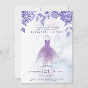 Lilac roses modern Glitter dress sweet sixteen Invitation